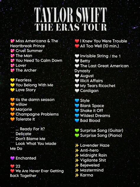 The Eras Tour Setlist v2 | Taylor swift lyrics, Taylor swift songs ...