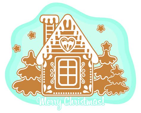 Christmas gingerbread house with fir trees and text Merry christmas ...