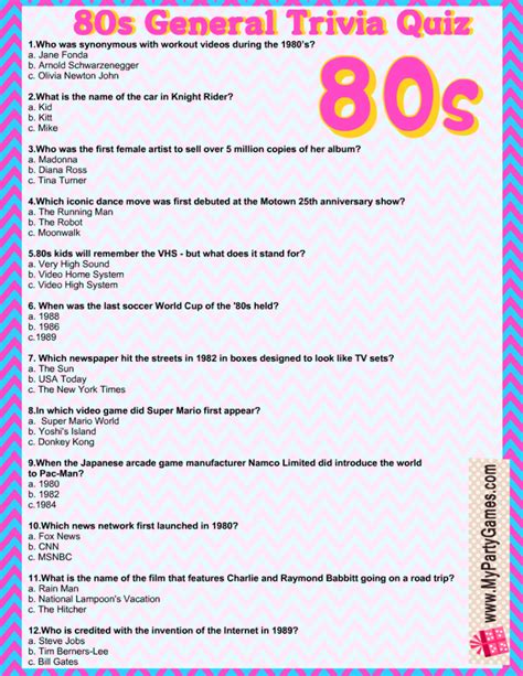 Free Printable 80s General Trivia Quiz with Answer Key 80s Music Trivia ...