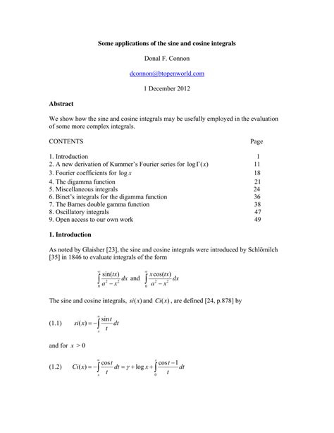 (PDF) Some applications of the sine and cosine integrals