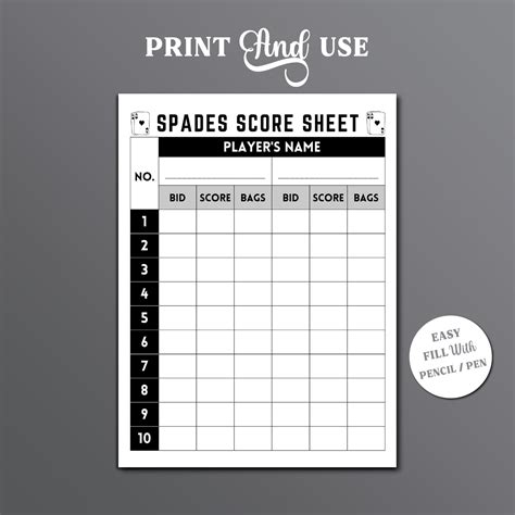 Spades Score Sheet, Spades Scorekeeper, Spades Card Game Score Sheet ...