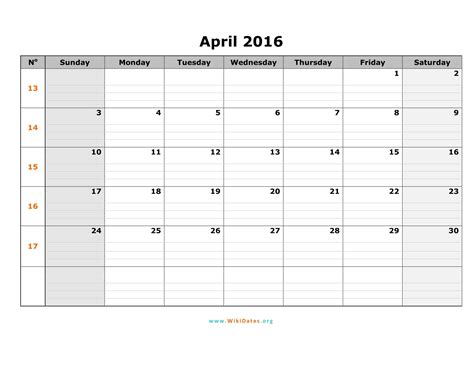 April 2016 Calendar | WikiDates.org