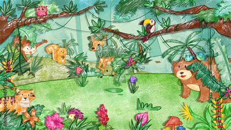 Amazon Rainforest Jungle creek Wildlife Animals Background. Cute oil ...