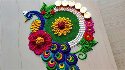 #1185 Peacock rangoli designs for diwali || satisfying video || Sand ...