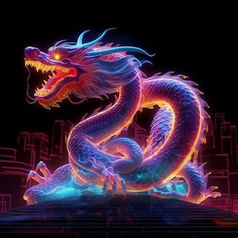 Premium Photo | Neon dragon in front of a city skyline generative ai