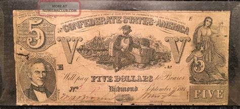 1861 Confederate States Of America $5 Five Dollar Bill Civil War ...