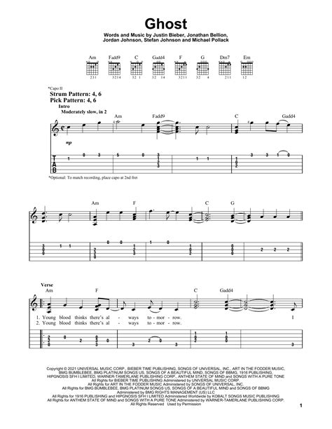 Ghost by Justin Bieber Sheet Music for Easy Guitar Tab at Sheet Music ...