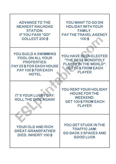 MONOPOLY CARDS - CHANCE AND COMMUNITY CHEST - ESL worksheet by luciasuardi