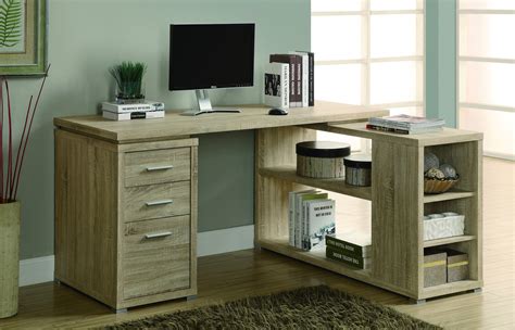 Modern L-Shaped Desk with File Drawer & Open Shelving in Natural Recla ...