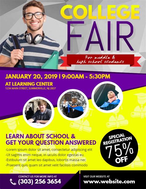 a flyer for a college fair with two men in front of the camera and one ...