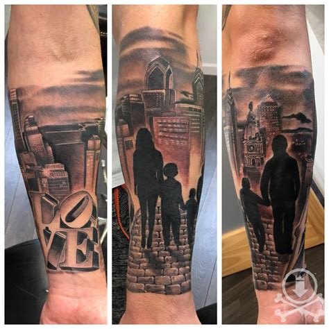 Lovely family silhouette and Philadelphia skyline tattoo by Meghan ...