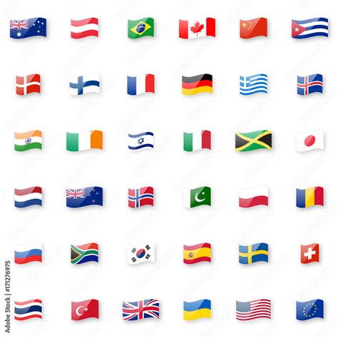 World flags vector icon set. Shiny glossy small waving flag icons with ...