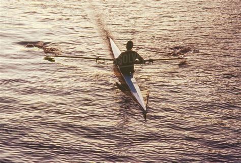 Rower in single skull rowing on calm water - Stock Photo - Dissolve