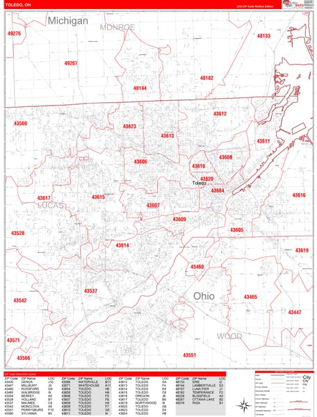 Toledo Ohio Zip Code Wall Map (Red Line Style) by MarketMAPS - MapSales