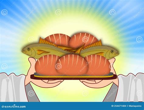 Five breads and two fishes stock illustration. Illustration of jesus ...