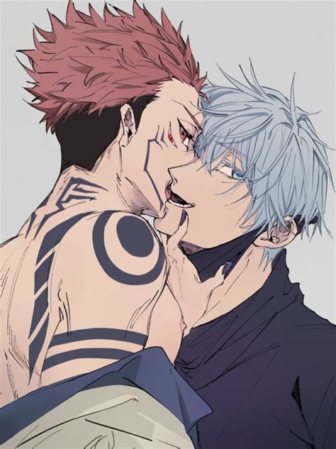 two anime guys with their backs to each other, one is kissing the other ...