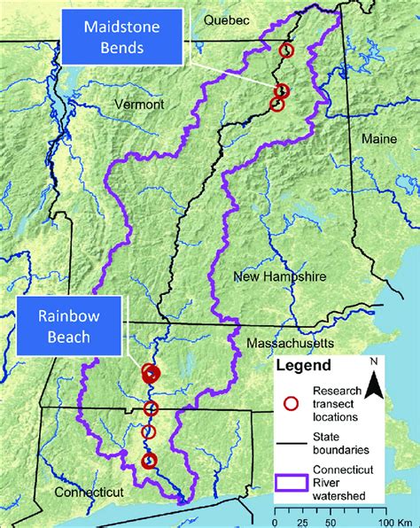 Map of the Connecticut River watershed. Red circles show the locations ...