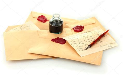 Ink pen, inkwell and old letters isolated on white — Stock Photo ...