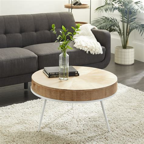 DecMode Round Natural Wood Top Coffee Table With Distressed White Metal ...