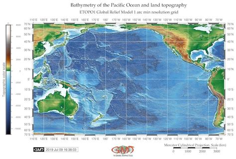 General bathymetric map of the seafloor of the Pacific Ocean, ETOPO1 ...