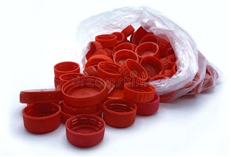 Red Plastic Bottle Caps Sorted By Colors In Transparent Single Use ...