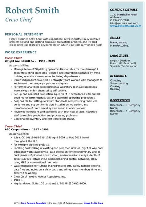 Crew Chief Resume Samples | QwikResume