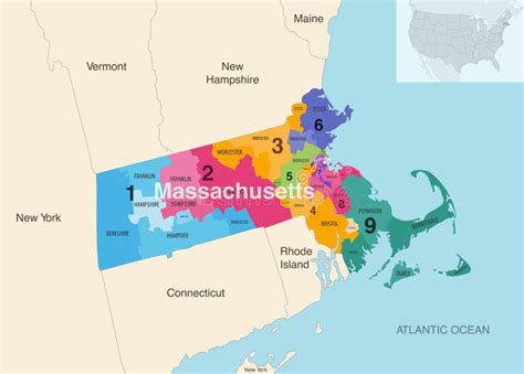 Massachusetts State Counties Colored by Congressional Districts Vector ...