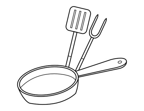 Printable Cooking Pan and Utensils Coloring Page