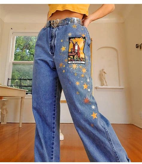 AESTHETIC VINTAGE ART HOE PRINTED DENIM PANTS - Cosmique Studio