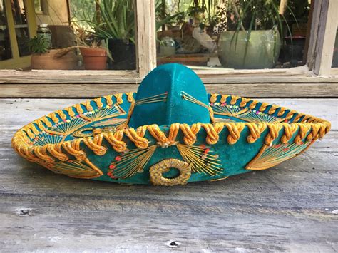 Authentic Large Mariachi Sombrero Hat Teal Blue Velvet with Golden ...