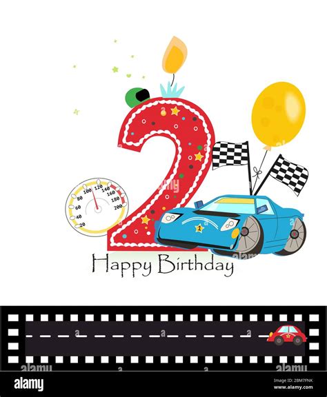 Happy second birthday candle. Baby boy greeting card with car vector illustration Stock Vector ...