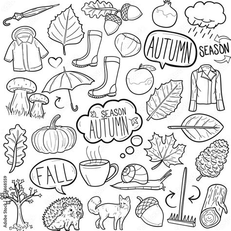 Autumn Fall Season Traditional Doodle Icons Sketch Hand Made Design ...