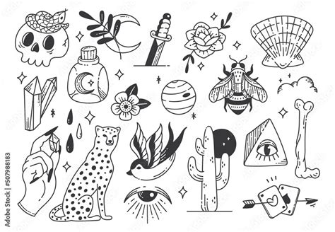 Various tattoo element doodle isolated on white Stock Vector | Adobe Stock