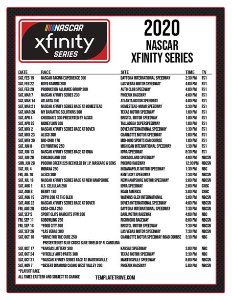 Printable 2020 NASCAR Schedule