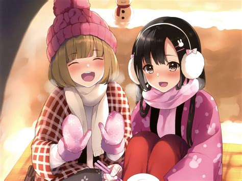 Download 1400x1050 wallpaper winter, cute anime girls, friends ...