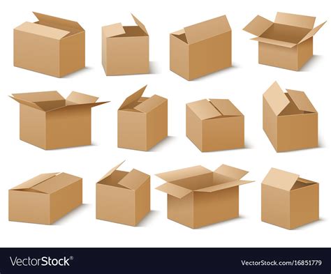 Open and closed cardboard boxes set Royalty Free Vector