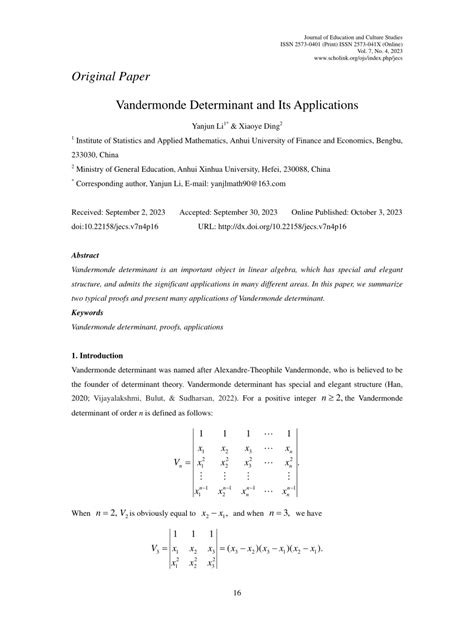 (PDF) Vandermonde Determinant and Its Applications