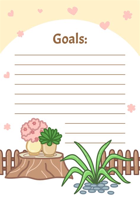 Cute planner with garden in cartoon style. Goals list. Note card for ...