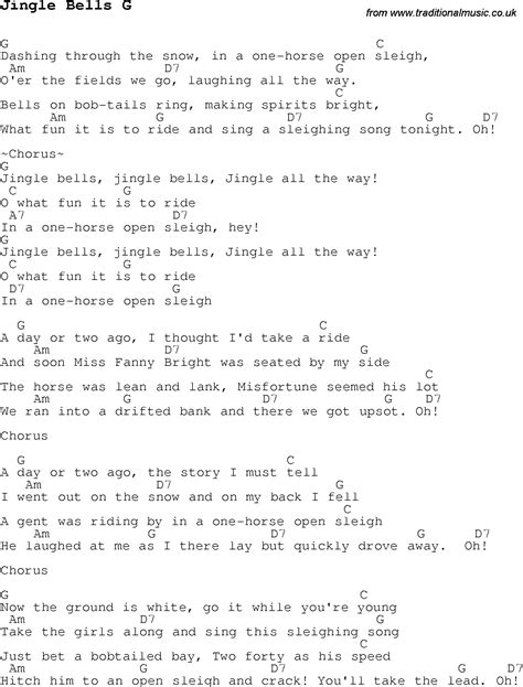 Christmas Carol/Song lyrics with chords for Jingle Bells G