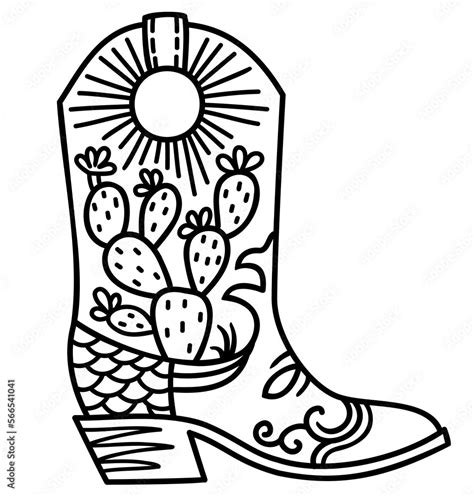 Cowboy boot cactus decoration. Vector hand drawn illustration of Cowboy ...