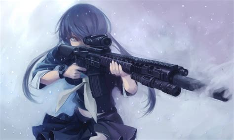 original characters, Long hair, Blue hair, Anime girls, Gun, Assault ...