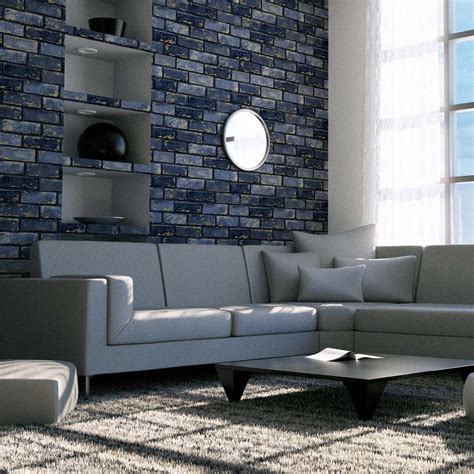 Arthouse Metallic Brick Navy Blue Wallpaper | Wilko