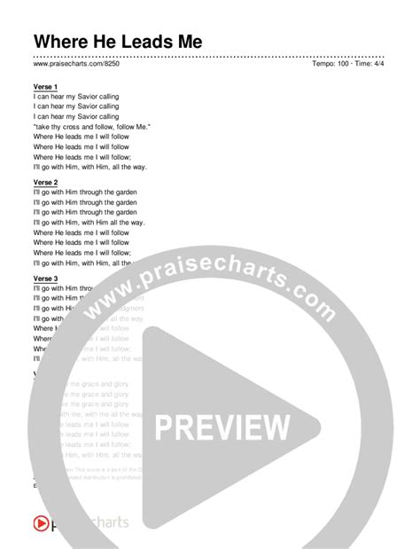 Where He Leads Me Chords PDF (Traditional Hymn) - PraiseCharts