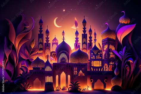 Fairy-tale Arabian night city towers and mussels concept art ...