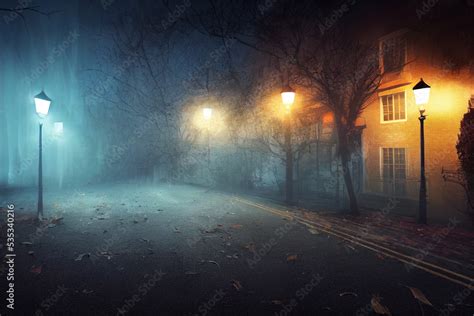 misty spooky street on Halloween night Stock Illustration | Adobe Stock