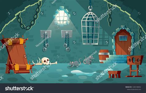 Vector concept illustration with medieval prison cell. Castle dungeon ...