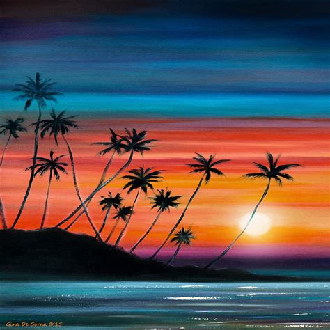 Palm Trees Beach - Square Sunset Painting by Gina De Gorna