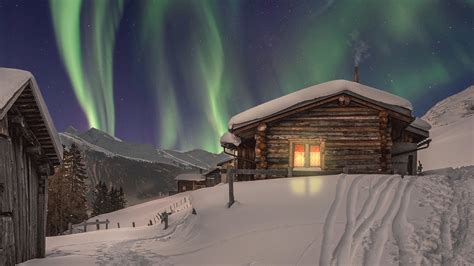 Snow Covered House In Aurora Borealis During Winter HD Winter ...