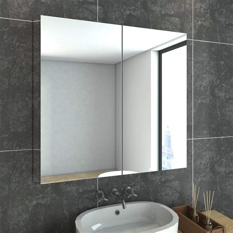 750x720mm Bathroom Mirror Cabinet Storage Polished Stainless Steel Wal ...