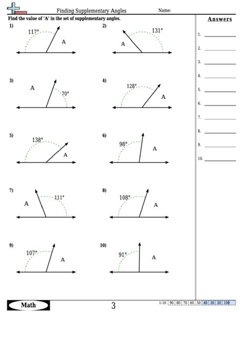 Finding Supplementary Angles - Angle Worksheet With Answers printable ...